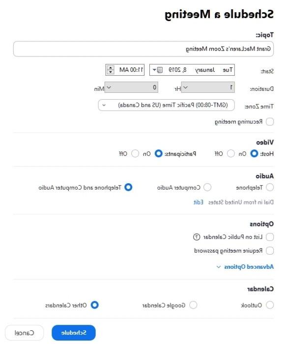 Zoom app scheduling settings